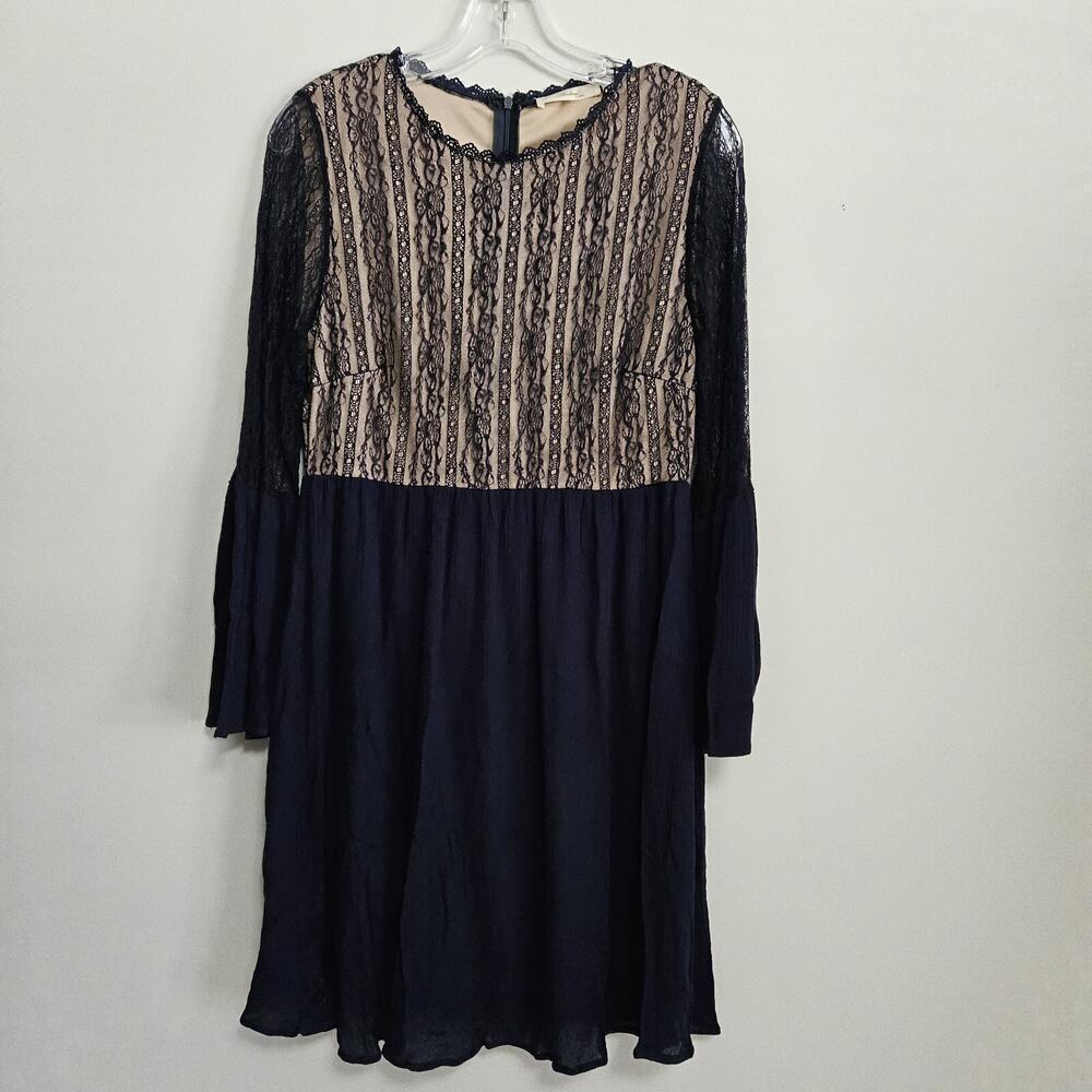 Ambree By Unit Lace Overlay Dress Navy Bell Sleeve Fully Lined Gauzy Skirt Sz L